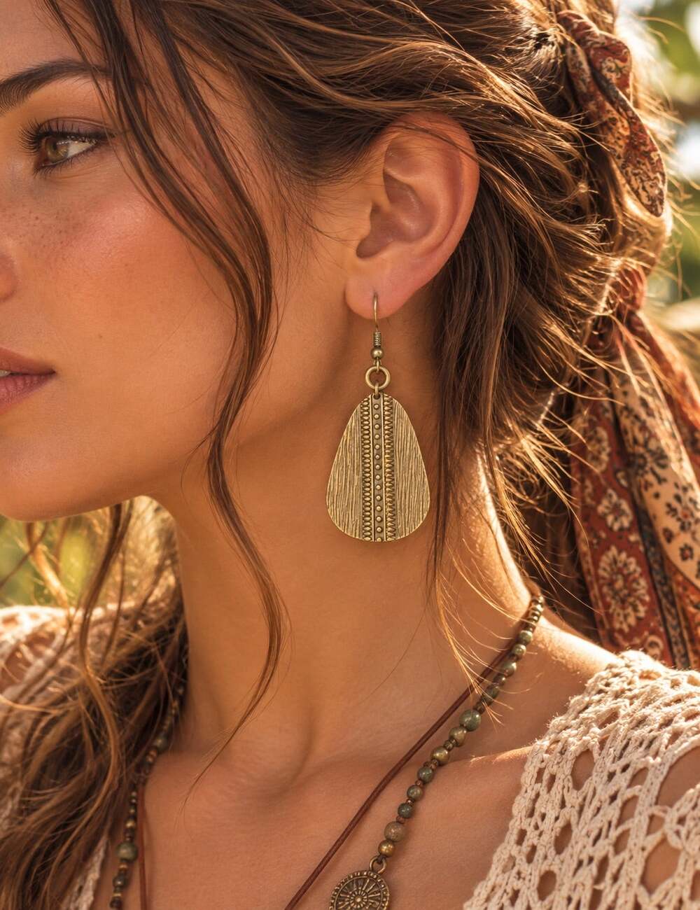 Gold Tone Textured Teardrop Dangle Earrings Boho Tribal Ethnic Statement